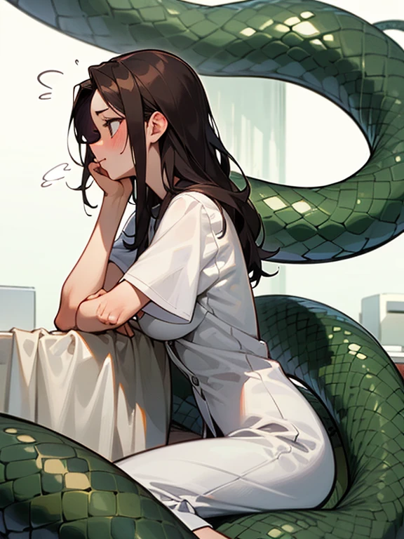 1girl, solo, (18-year-old), dark hair, long hair, bedroom bed in background, pajamas, white pajamas, sitting,spread my legs, (large breasts), cute,shy, blush, parted lips,  (snakes 1.5), (anaconda), (big snake), (coiled snake),coils, (Snakes entangled with girls),night, ((Side angle)), looking away, flustered face, surprised face ,wet skin, steam, best quality,detailed,high resolution
