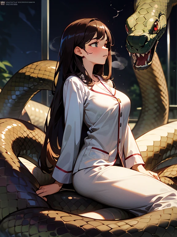 1girl, solo, (18-year-old), dark hair, long hair, bedroom bed in background, pajamas, white pajamas, sitting,spread my legs, (large breasts), cute,shy, blush, parted lips,  (snakes 1.5), (anaconda), (big snake), (coiled snake),coils, (Snakes entangled with girls),night, ((Side angle)), looking away, flustered face, surprised face ,wet skin, steam, best quality,detailed,high resolution,
