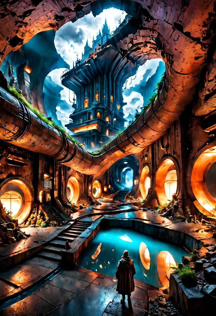 Aleksi Briclot, Johannes Voss, Steve Argyle; Underground City in the Clouds, Photograph Taken on Nikon D750, in an underground landscape, dynamic lighting, RTX, Ray Tracing, Intricate, Elegant, Digital Illustration, Scenic, Maximalist, Hyper-Realistic, Hyper-Detailed, Vibrant Color, vivid, 8k