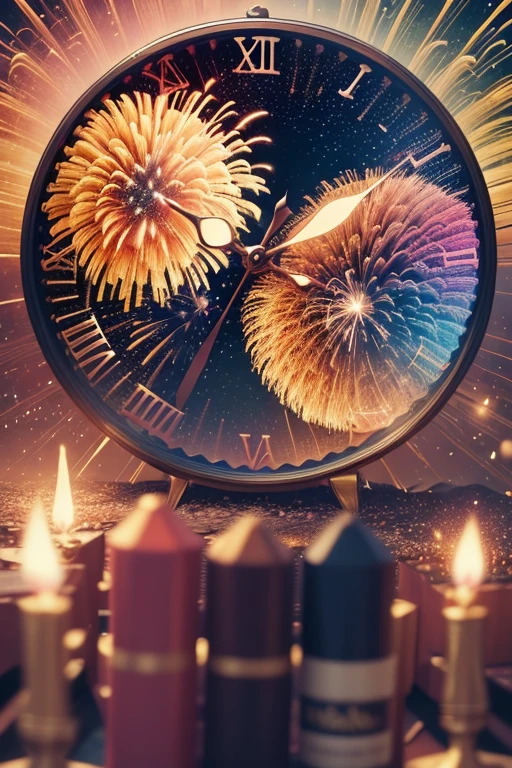 (best quality,4k,8k,highres,masterpiece:1.2), vibrant fireworks, colorful celebration, popping champagne, midnight tolling clock, setting resolutions, gathering of family and friends, scattered confetti, flickering candles, antique pocket watch, thrilling countdown