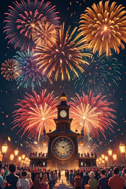 (best quality,4k,8k,highres,masterpiece:1.2), vibrant fireworks, colorful celebration, popping champagne, midnight tolling clock, setting resolutions, gathering of family and friends, scattered confetti, flickering candles, antique pocket watch, thrilling countdown