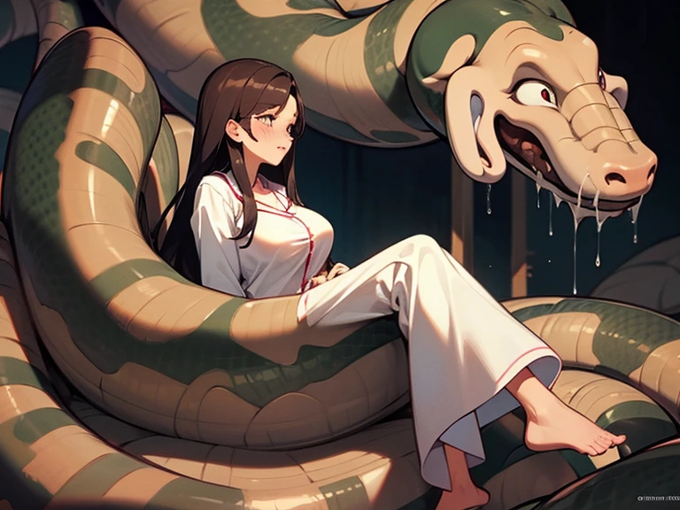 1girl, solo, (18-year-old), dark hair, long hair, bedroom bed in background, pajamas, white pajamas, sitting,spread my legs, (large breasts), cute,shy, blush, parted lips,  (snakes 1.5),(surrounded by snakes), (anaconda), (big snake), (coiled snake:1.0),coils, (Snakes entangled with girls:1.0),night, ((Side angle)), looking away,face to face,  flustered face, surprised face ,wet skin, steam, best quality,detailed,high resolution,
