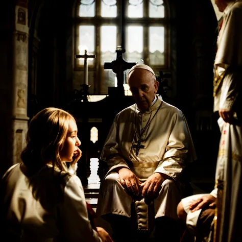 documentary photo of angelinak and Pope Francis sitting on an altar. Ultra photoreal shot. Backlit. PopeFra.