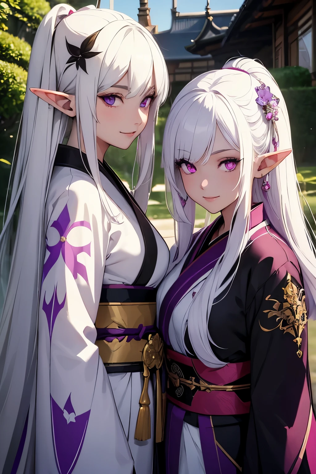 2 young elf girls, white hair and black hair, purple eyes red eyes, wearing a white and purple Kimono, outside of a mansion, day, realistic lighting, masterpiece, high detail, detailed eyes, detailed face, smiling gently, genshin impact