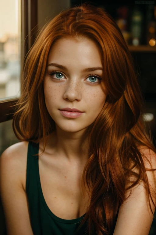 portrait of a young 25 year old girl with long wayed red hair with bags, red hairstyle, green beautiful eyes, with cute and desirable face illuminated by golden-hour sunlight, glowing red hair, with freckles, ultra realistic, 8k, 4k, light freckles, natural skin, textured skin