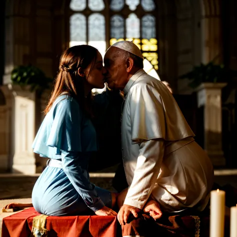 documentary photo of angelinak and Pope Francis sitting on an altar and kissing. Ultra photoreal shot. Backlit. PopeFra. (YES SFW)