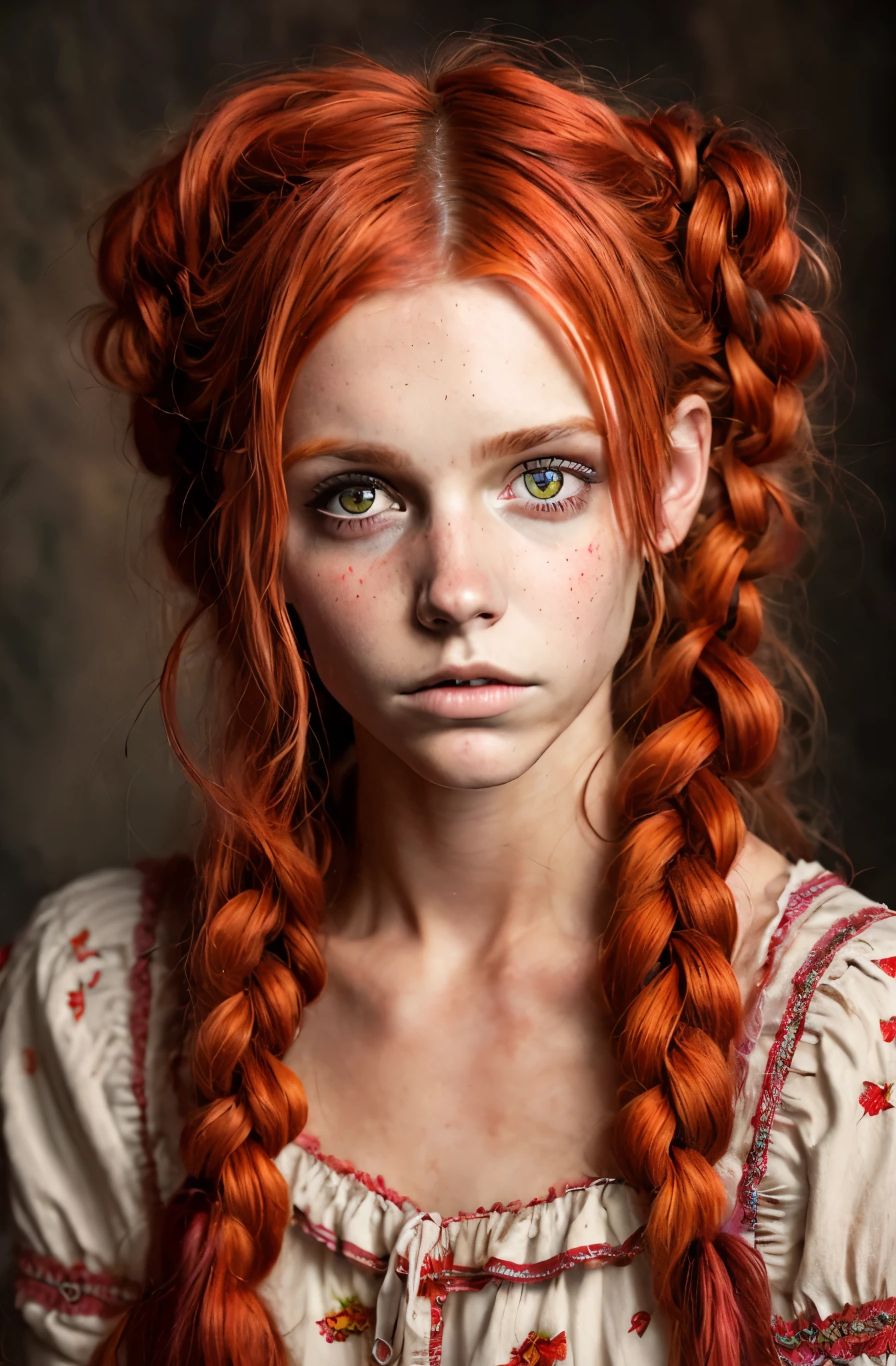 A woman with red hair and green eyes wearing a dress - SeaArt AI