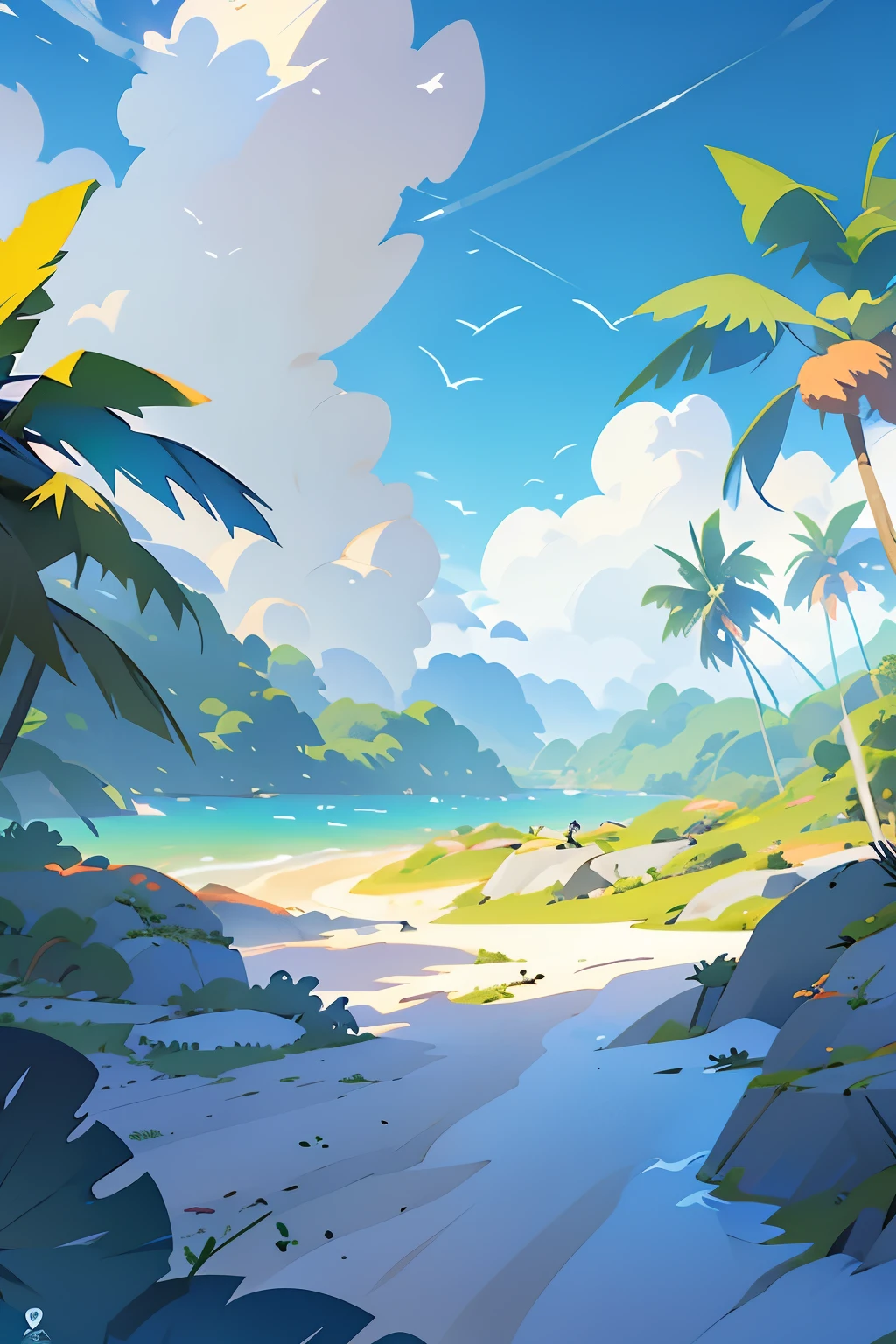 Summer landscape, A beach, with palm trees, sunny weather, with fluffy clouds in the sky, ocean in the background, animated style, based on cyberpunk, bright coloured