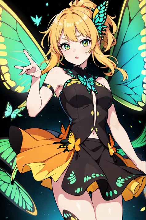 1girl, (orange butterfly ears:1.1), (yellow butterfly ears:0.55) (hlfcol haired girl with pale orange and pale yellow hair), (curly hair), (wavy ponytail), (pale green eyes), (dynamic pose), (colorful idol costume), (mini skirt), (black pantyhose), (butter...