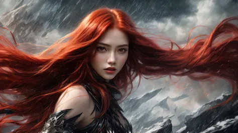 close-up [photo|digital art], young woman, (long red hair:1.2), (dynamic pose:1.2), , (wind effect), (shattered background:1.han...