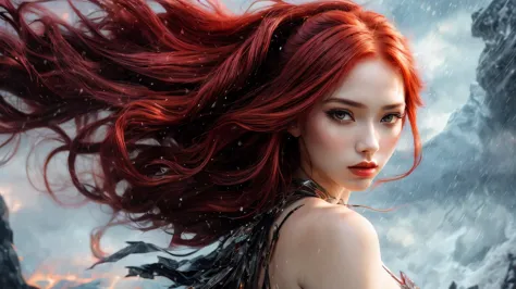 close-up [photo|digital art], young woman, (long red hair:1.2), (dynamic pose:1.2), , (wind effect), (shattered background:1.han...