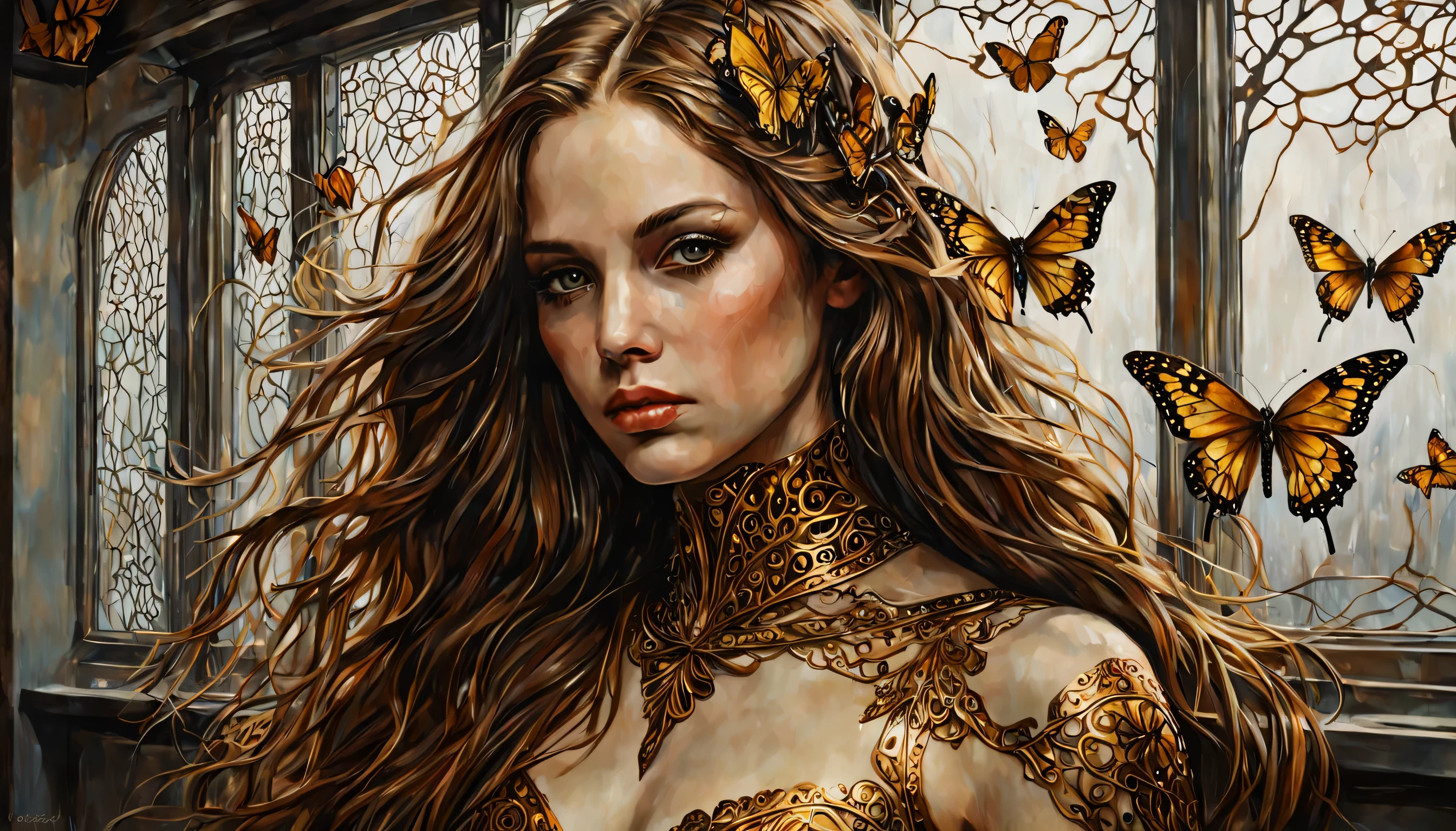 In Casey Baugh's evocative style, art of a beautiful young girl cyborg with long brown hair, futuristic, scifi, intricate, elegant, highly detailed, majestic, Baugh's brushwork infuses the painting with a unique combination of realism and abstraction, greg rutkowski, surreal gold filigree, broken glass, (masterpiece, sidelighting, finely detailed beautiful eyes: 1.2), hdr, realistic painting, natural skin, textured skin, closed mouth, crystal eyes, butterfly filigree, chest armor, eye makeup, robot joints, long hair moved by the wind, window facing to another world, Baugh's distinctive style captures the essence of the girl's enigmatic nature, inviting viewers to explore the depths of her soul, award winning art