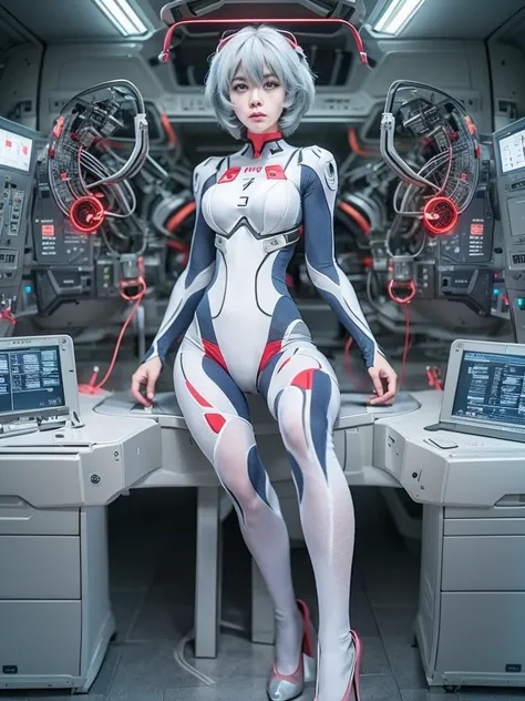 The full body Portrait of Rei Ayanami from Neon Genesis Evangelion, inside the NERV lab with lots of scientists, detailed scene,...