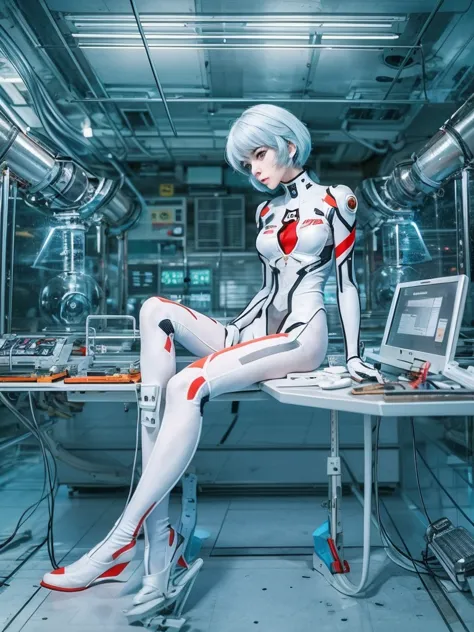 The full body Portrait of Rei Ayanami from Neon Genesis Evangelion, inside the NERV lab with lots of scientists, detailed scene,...