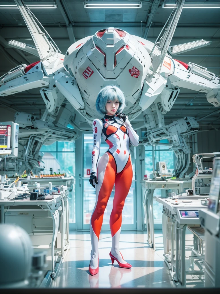 The full body Portrait of Rei Ayanami from Neon Genesis Evangelion, inside the NERV lab with lots of scientists, detailed scene, stunning details, anime, detailed environment, ray tracing, 8k，full-body shot，white shiny metal shoes，The luminous shapewear that is attached to the whole body is covered with high-tech geometric circuit lines.，Surrealism，perfect art form