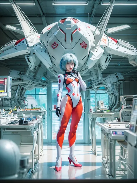 The full body Portrait of Rei Ayanami from Neon Genesis Evangelion, inside the NERV lab with lots of scientists, detailed scene,...