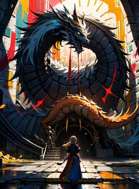 Drop Art , Cinematic scene - filmed in the dark,(extremamente detalhado), oriental dragon high resolution mural painting,((muros...