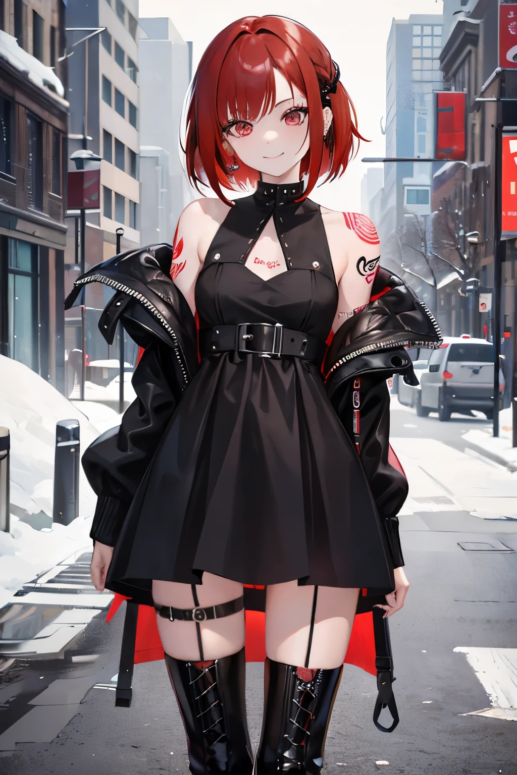 young girl, red hair, 18 years old, small breasts, small biotype, bob hair, tattoed arms, black tattos, piercings in face, , black dress, black letter dress, short dress, punk dress, wearing fishnet stockings, black boots, smiling, looking at viewer, holding beer cup, 4k, masterpiece
