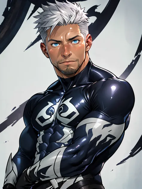 young muscular male, masterpiece, intricate details, upper body, best quality, eye focus, silver hair, manly, stubble, venom, sy...