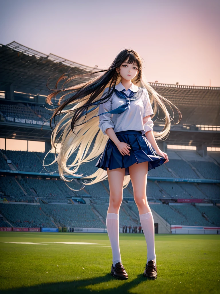 A beautiful girl wearing a white ，She was standing on the green field playing football。Her long hair fluttered in the wind，The breeze ruffles my cheeks and skirts，It gives a fresh and natural feeling