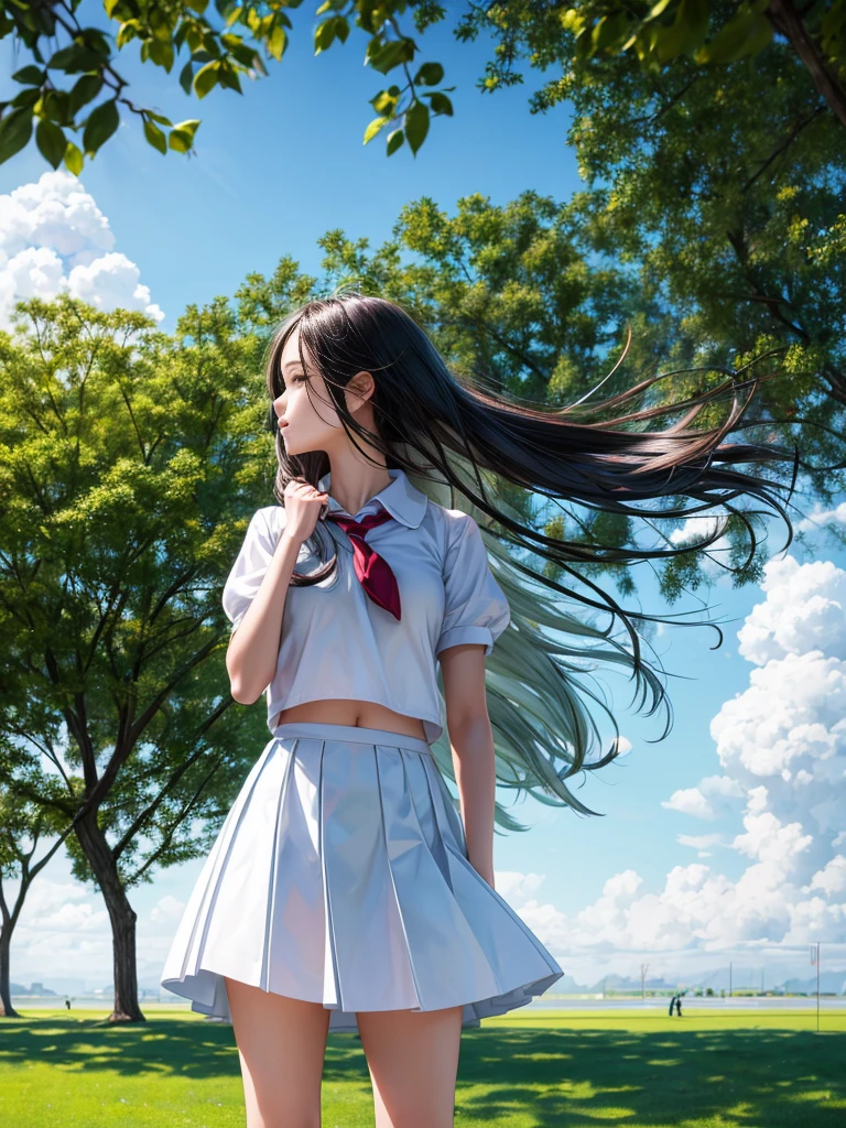 A beautiful girl wearing a white school uniform，She was standing on the green field playing football。Her long hair fluttered in the wind，The breeze ruffles my cheeks and skirts，It gives a fresh and natural feeling