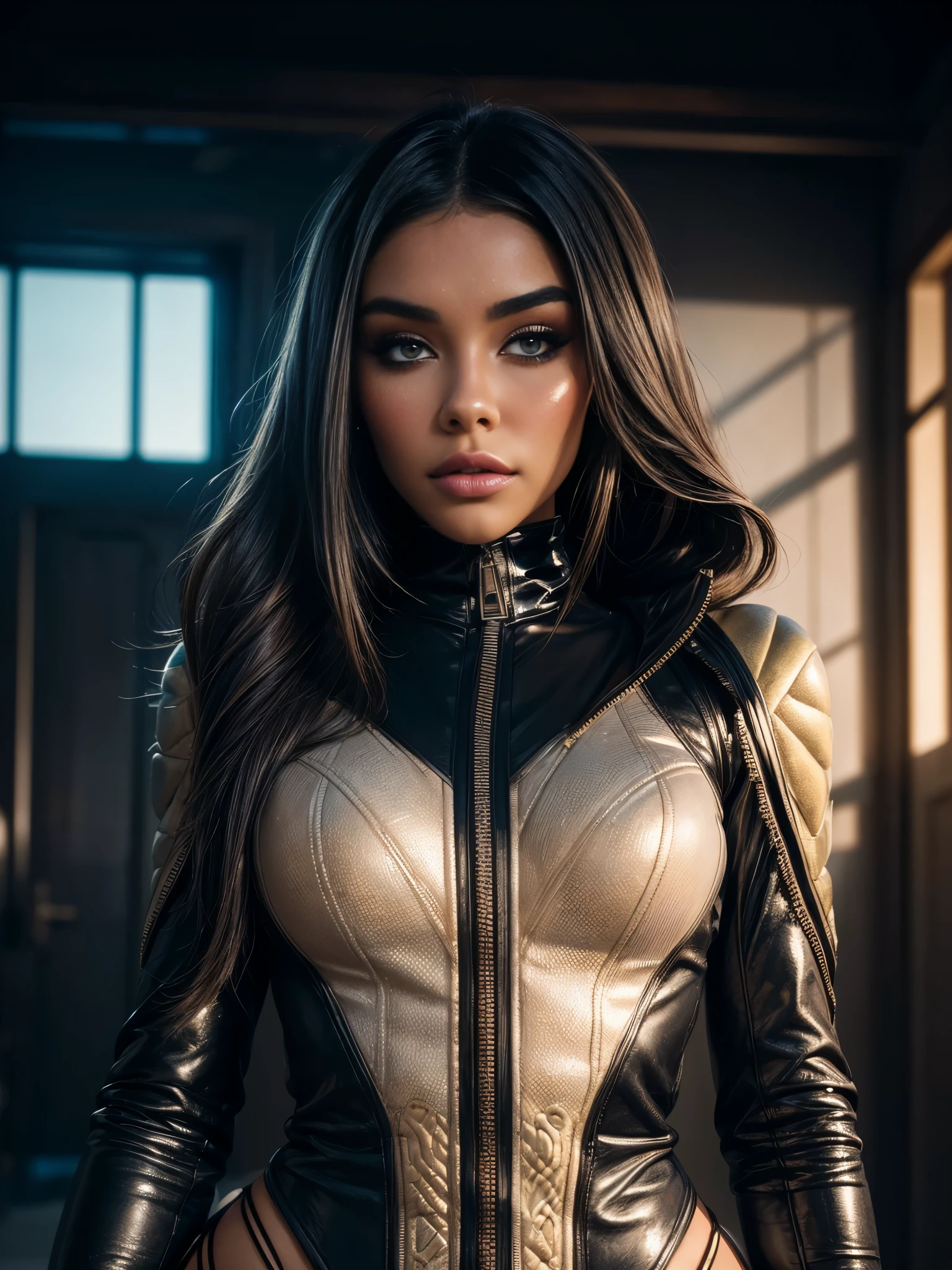 arafed woman (Madison Beer), (makeup:1.4), beautiful smile, turtleneck latex outfit, zipper, highly detailed fur, natural skin texture, 4k textures, Highly detailed perfect , Lightroom, Intricate, Ultra-Realistic, Out There, (HDR:1.3), UHD, (Intricate Detail, Hyper-Detailed:1.1), Cinematic, Photoreal, (Dark Shot:1.2), Dramatic, High Contrast, (Warm Color:1.1) , muted colors, master piece, elegant, sharp focus,