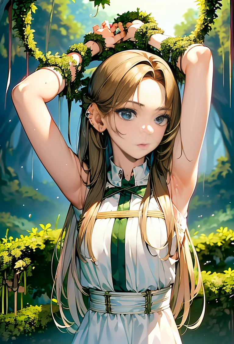 ((masterpiece)), ((best quality)), (ultra-detailed),(in the forest),(monster plant),(((many vine bound the body))),a cute girl, 1girl, solo, (white girly dress),((many vine bound arms)), ((thin waist)),large breast, slim, slender,beautiful brown hair, beautiful blue eyes, (beautiful eyes), long hair,troubled expressio