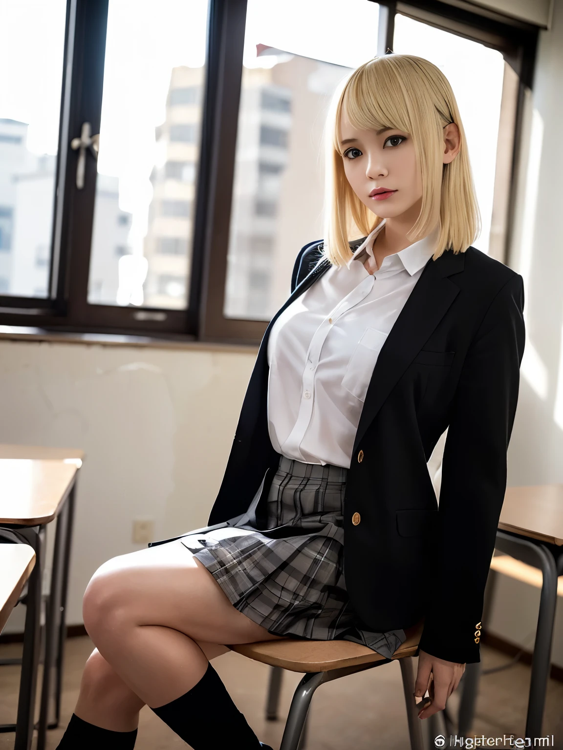 despise,look down,open your mouth,8K,RAW portrait of (japanese girl:1.3),80mm,Super high resolution,highest quality,
break
From the bottom,((school uniform)),((shirt))((pleated skirt))(Sitting on a chair in a classroom)T、medium breasts,short hair、wavy hair、(((blonde)))、thin目、blonde、((tying hair))
(natural skin texture,fine skin, hyper realism,Super sharpness),intricate details,High resolution, Natural light、korean idol、Nogizaka idol、thin、slender beautiful legs、provocative look、((A little naughty girl))