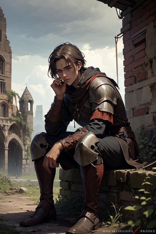 
A roman soldier. He is 24 years old. He has straight brown hair, brown eyes. He is wearing armor with blood stains on the armor. He has blood stains all over himself. He is smoking. He is full of sorrow. 

He is in a ruined medieval town. He is sitting outside, next to a abandoned ruined church.

Its raining heavily and he is wet. 
