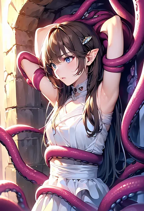 ((masterpiece)), ((best quality)), (ultra-detailed),(in the cave),(monster),(((many tentacles wrap arotnd the waist))),a cute gi...