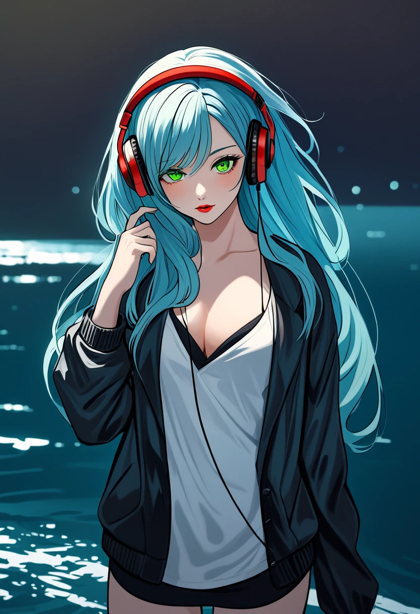 very sexy and beautiful adult woman with large green eyes, long Blue hair. Impeccably make up with red lipstick, dark eyeshadow accentuating her bright eyes. She's dressed in an open jacket that's slightly oversized, wearing a top covering her ample bosom. Sporting large, colorful headphones, she stares directly at the camera. The background is a vibrant water like setting with various multicolored light effects. Cinematic light, she is happy and enjoyng it