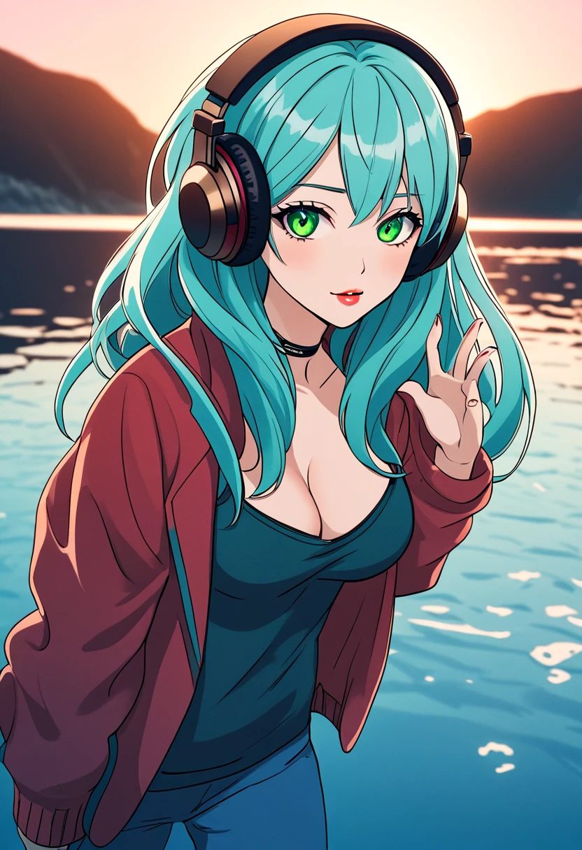 very sexy and beautiful adult woman with large green eyes, long Blue hair. Impeccably make up with red lipstick, dark eyeshadow accentuating her bright eyes. She's dressed in an open jacket that's slightly oversized, wearing a top covering her ample bosom. Sporting large, colorful headphones, she stares directly at the camera. The background is a vibrant water like setting with various multicolored light effects. Cinematic light, she is happy and enjoyng it