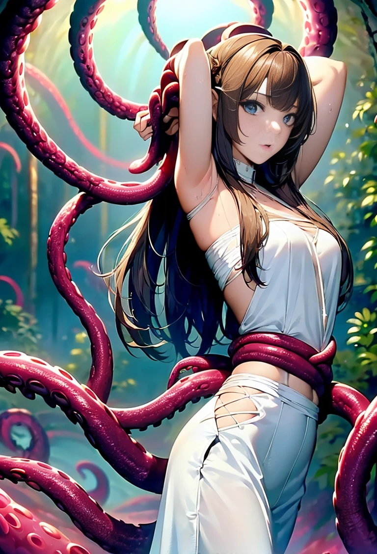 ((masterpiece)), ((best quality)), (ultra-detailed),(in the abandoned house),(monster),(((many tentacles wrap arotnd the body))),a cute girl, 1girl, solo, (white girly dress),((many tentacles bound arms)), ((thin waist)),large breast, slim, slender,beautiful brown hair, beautiful blue eyes, (beautiful eyes), long hair,troubled expressio