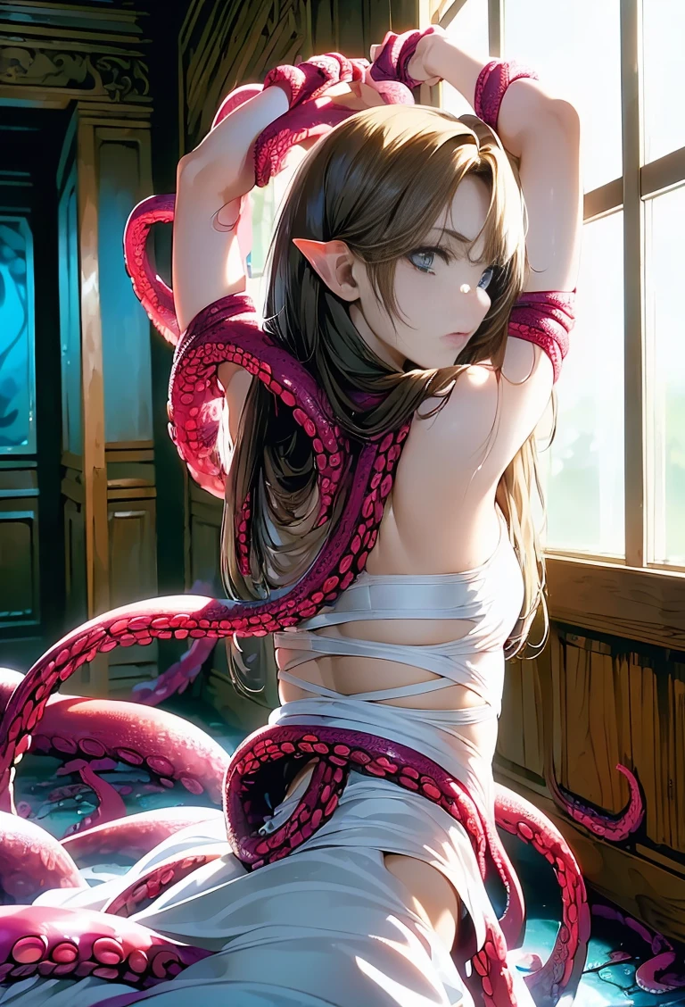 ((masterpiece)), ((best quality)), (ultra-detailed),(in the abandoned house),(monster),(((many tentacles wrap arotnd the body))),a cute girl, 1girl, solo, (white girly dress),((many tentacles bound arms)), ((thin waist)),large breast, slim, slender,beautiful brown hair, beautiful blue eyes, (beautiful eyes), long hair,troubled expressio