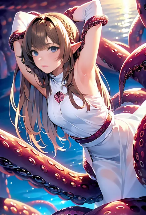 ((masterpiece)), ((best quality)), (ultra-detailed),(on the boat),(monster),(((many tentacles wrap arotnd the body))),a cute gir...