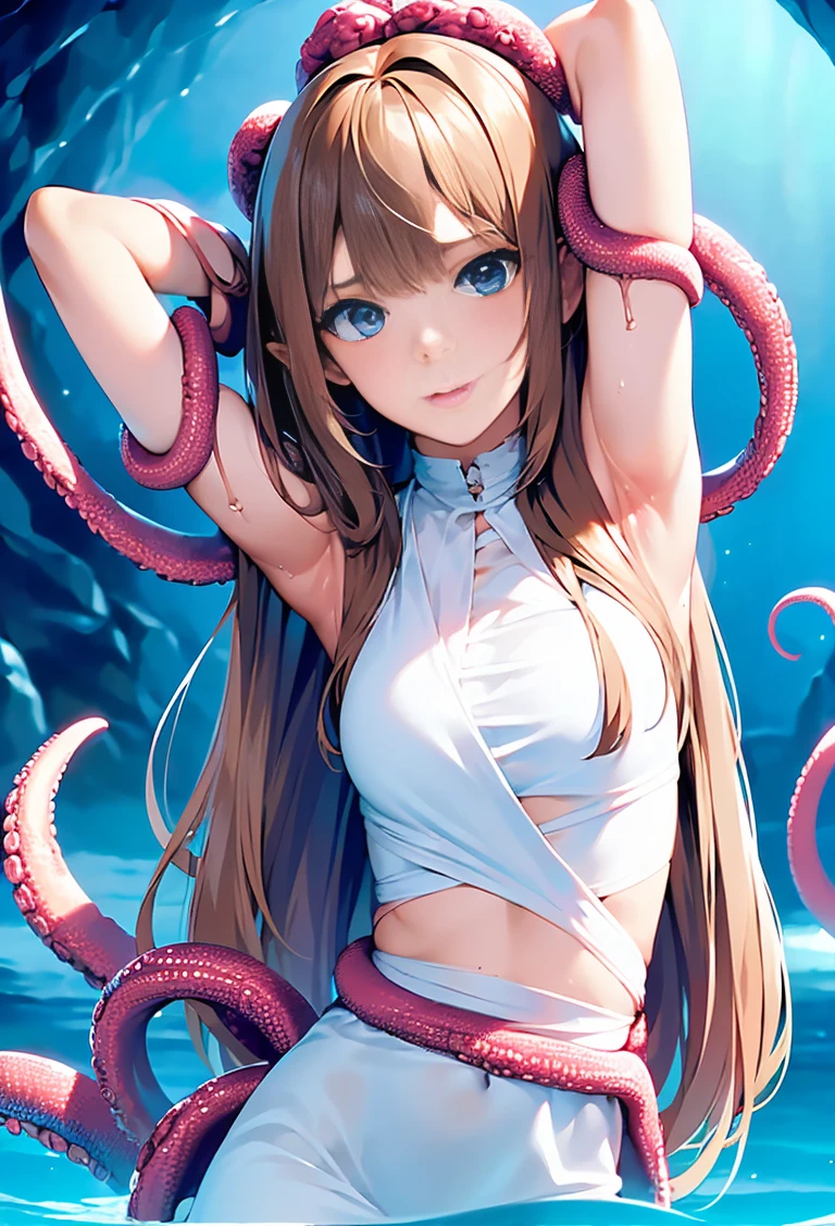 ((masterpiece)), ((best quality)), (ultra-detailed),(at the beach ),(monster),(((many tentacles wrap arotnd the body))),a cute girl, 1girl, solo, (white girly dress),((many tentacles bound arms)), ((thin waist)),large breast, slim, slender,beautiful brown hair, beautiful blue eyes, (beautiful eyes), long hair,troubled expressio