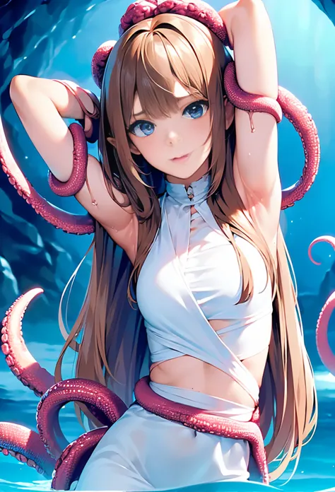 ((masterpiece)), ((best quality)), (ultra-detailed),(at the beach ),(monster),(((many tentacles wrap arotnd the body))),a cute g...