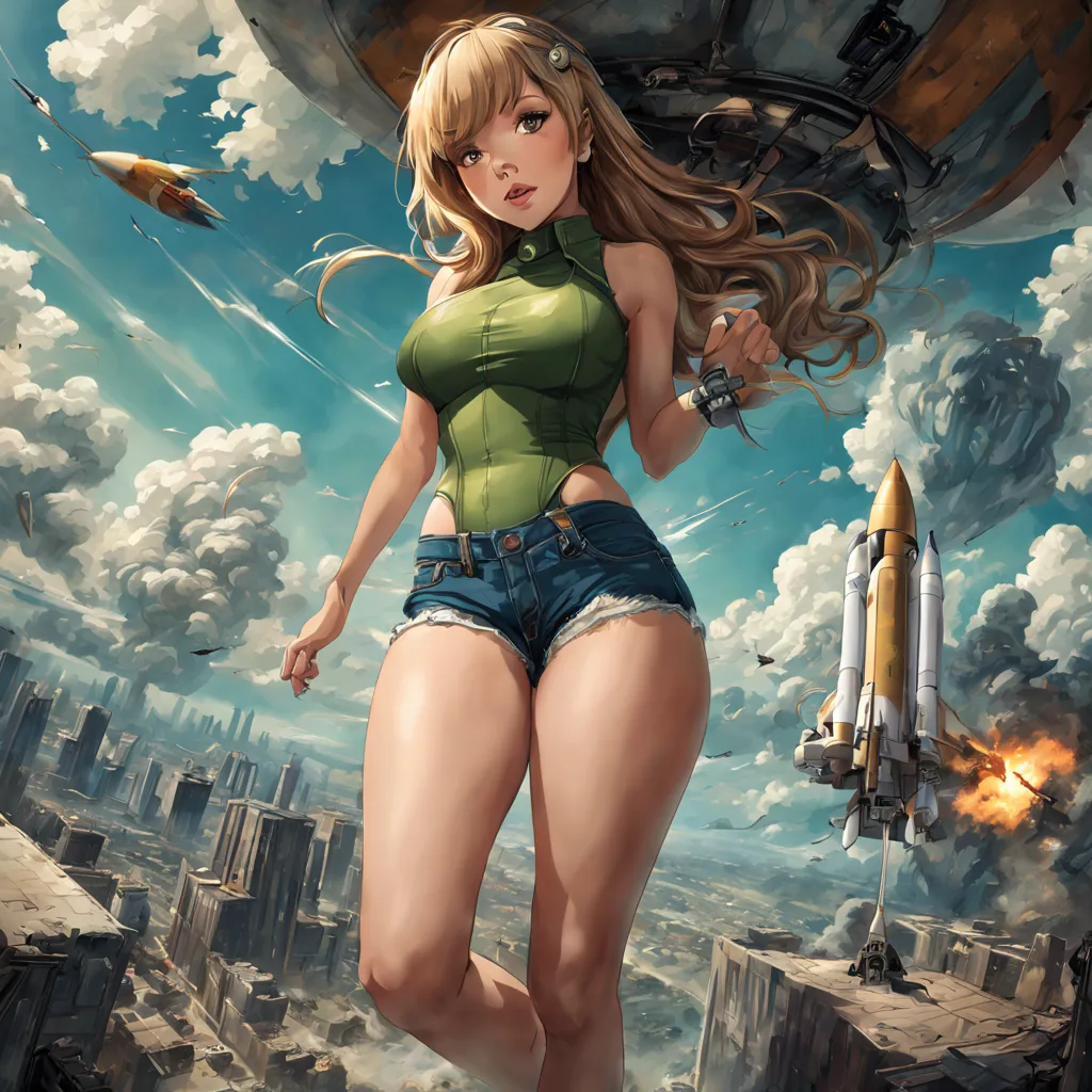 create an image from behind of jennette mccurdy in a tiny green top and tiny jean shorts, riding a rocket in the air with the ar...