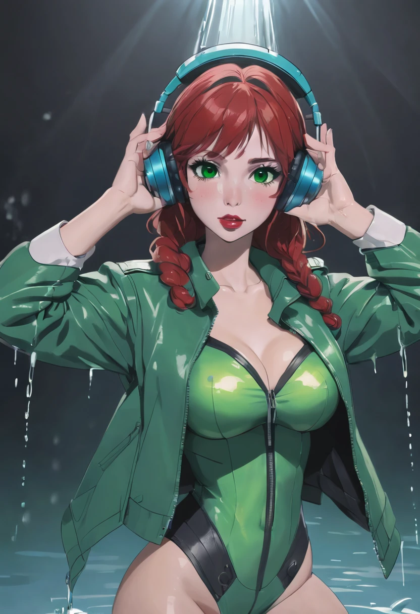 very sexy and beautiful adult woman with large green eyes. Impeccably make up with red lipstick, dark eyeshadow accentuating her bright eyes. She's dressed in an open jacket that's slightly oversized, wearing a top covering her ample bosom. Sporting large, colorful headphones, she stares directly at the camera. The background is a vibrant water like setting with various multicolored light effects. Cinematic light, she is happy and enjoyng it