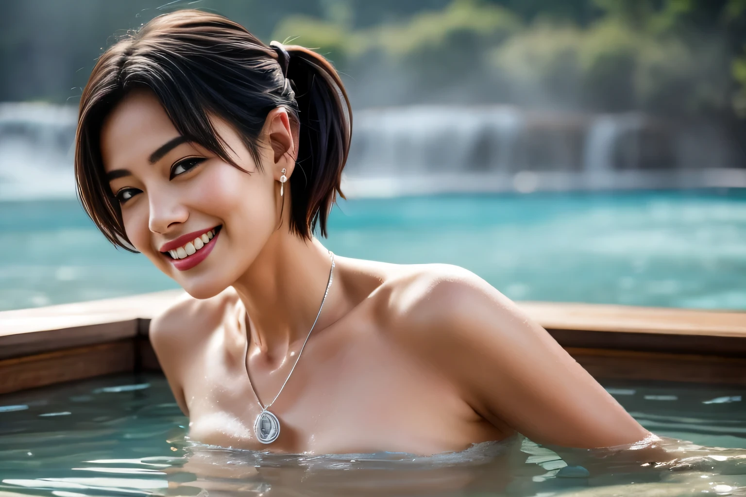 (Japanese hot springs,Soak up to your shoulders in the open-air bath,)blush、smile shyly、(Beautiful adult woman)、(silver short hair、hairpin、ponytail、floating hair、)big breasts、恥ずかしさでblush、dream-like目、A smile that confuses the viewer、look into the photographer、skin shining with sweat、look at the audience、topless、,48歳 topless、necklace、earrings、Pointed red mouth,perfect round face,,Proper body proportions,intricate details,very delicate and beautiful hair,realistic pictures,dream-like,professional lighting,realistic shadow,focus only,beautiful hands,beautiful fingers,Detailed functions of fingers,Detailed features of the garment,Detailed characteristics of hair,detailed facial features,(table top,highest quality,Ultra high resolution output image,) ,(8K quality,),(sea art 2 mode.1:1.3),,(Image mode Ultra HD,)