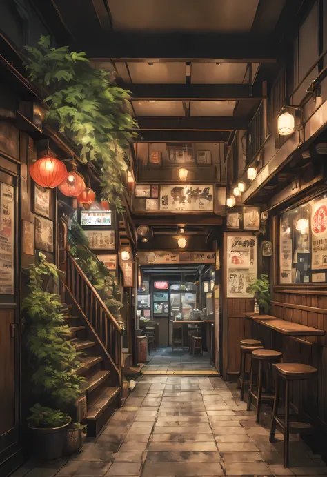 ((best quality,ultra-detailed,realistic):1.37). | anime style,((tokyo underground pub):1.3),((entrance under a stairs):1.25),neo...