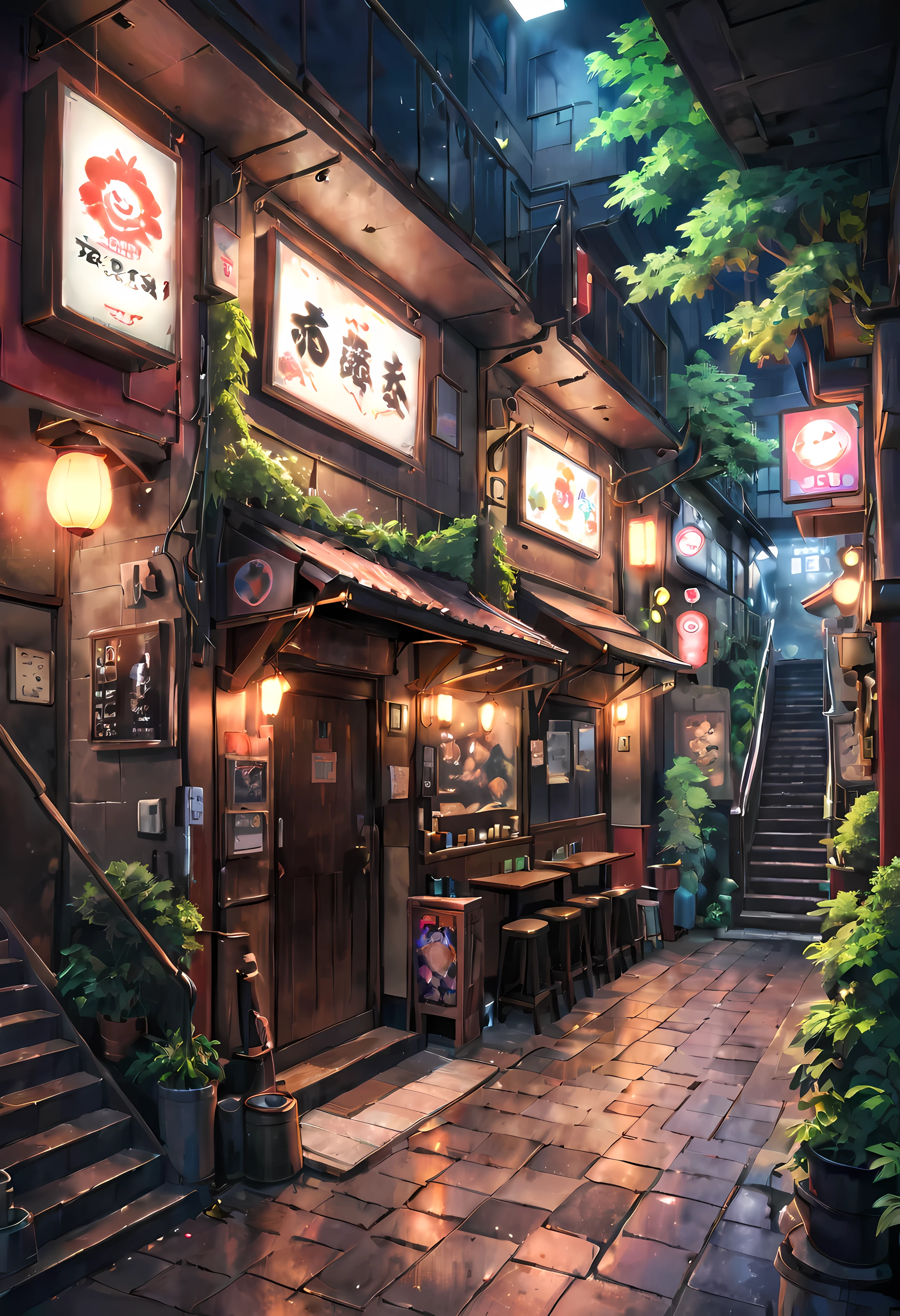 ((best quality,ultra-detailed,realistic):1.37). | anime style,((tokyo underground pub):1.3),((entrance under a stairs):1.25),neon lights,cosplay,graffiti art,no human ,smoky atmosphere,ramen stall,empty tables,hip hop music,techno beats,red brick walls,overgrown vines,sloping ceiling,dark wooden floor,low-lit lamps,distinctive street fashion,flickering lanterns,sake bottles,ramen bowls,wooden barrels,hidden corner seats,vibrant murals,arcade machines,anime posters,glowing neon signs,street vendor food stall,urban underground culture,secretive meeting spot,steaming bowls of miso ramen. | ((Unparalleled sharpness and clarity):1.1), ((Radiosity rendered in stunning 32K resolution):1.3), All captured with sharp focus. | (((More_detail))).
