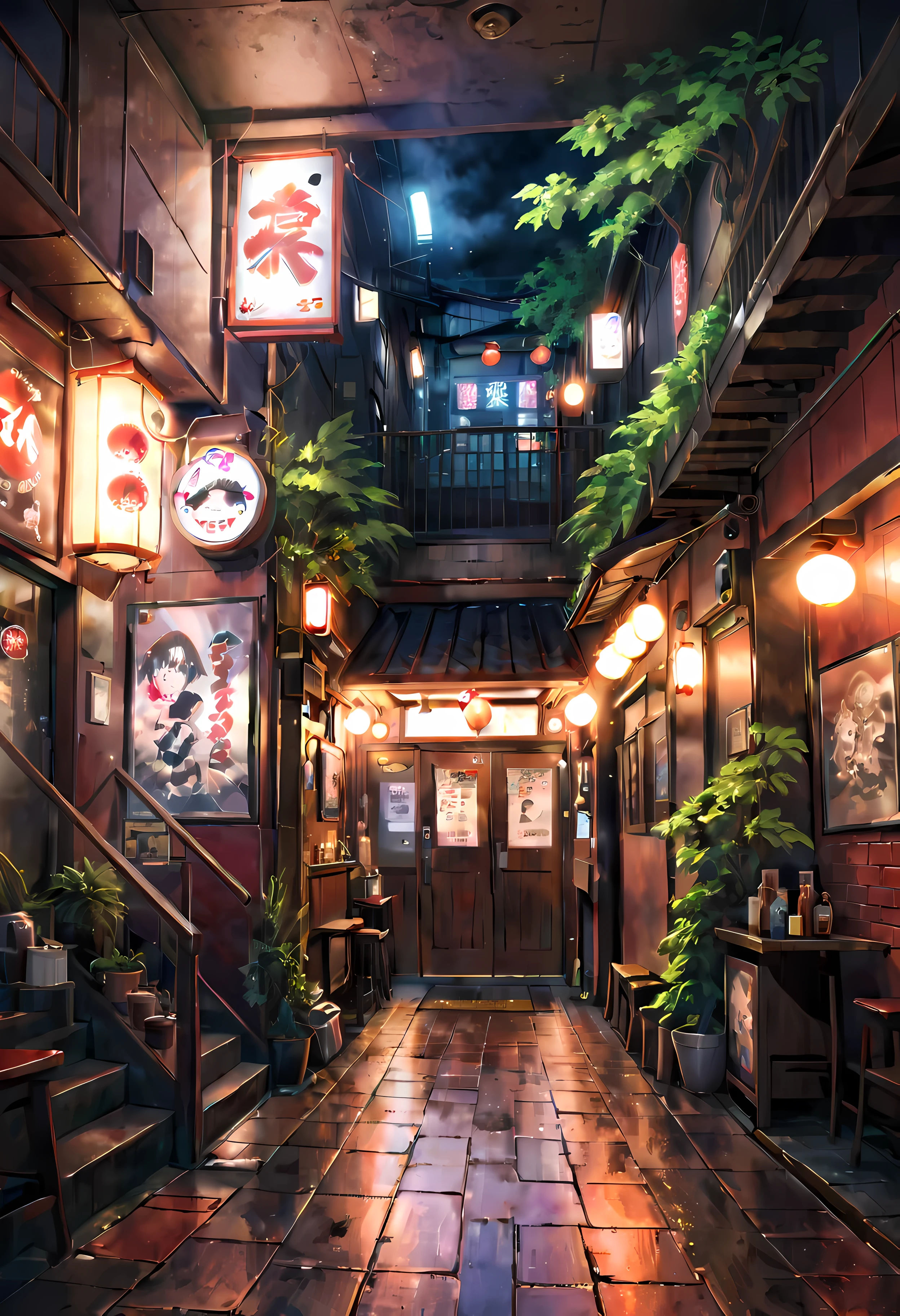 ((melhor qualidade,ultra-detalheed,realista):1.37). | estilo anime,((pub subterrâneo de Tóquio):1.3),((entrada sob uma escada):1.25),luzes de neon,cosplay,arte do grafite,nenhum humano ,atmosfera esfumaçada,barraca de ramen,Tabelas vazias,música hip hop,batidas tecnológicas,paredes de tijolo vermelho,vinhas crescidas,teto inclinado,piso de madeira escura,lâmpadas pouco iluminadas,moda de rua distinta,lanternas bruxuleantes,garrafas de saquê,tigelas de ramen,barris de madeira,assentos de canto escondidos,murais vibrantes,máquinas de fliperama,Anime Posters,sinais de néon brilhantes,barraca de comida de vendedor ambulante,cultura subterrânea urbana,ponto de encontro secreto,tigelas fumegantes de missô ramen. | ((Nitidez e clareza incomparáveis):1.1), ((radiosidade renderizada em impressionante resolução de 32k):1.3), Tudo capturado com foco nítido. | (((mais_detalhe))).