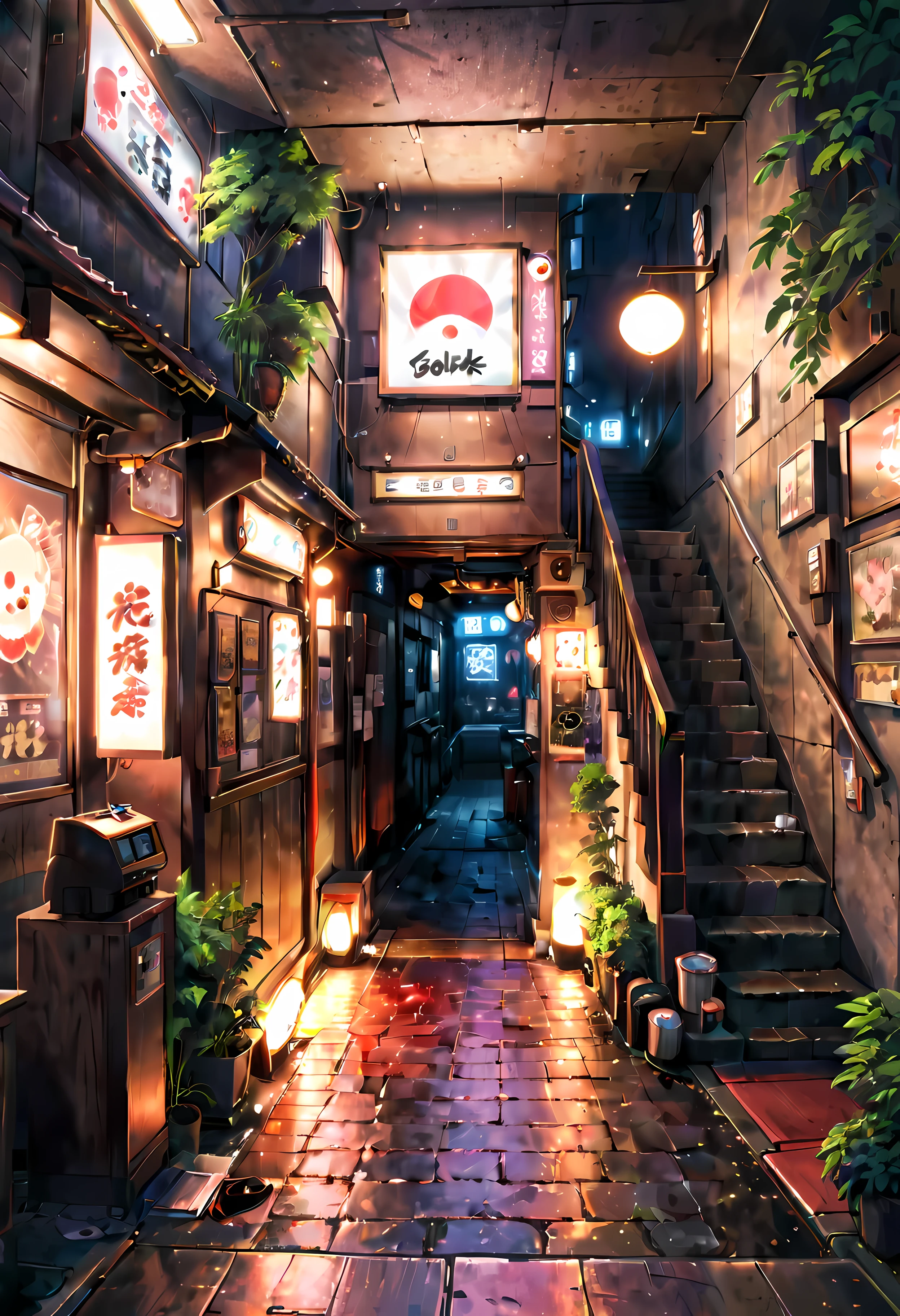 ((best quality,ultra-detailed,realistic):1.37). | anime style,((tokyo underground pub):1.3),((entrance under a stairs):1.25),neon lights,cosplay,graffiti art,no human ,smoky atmosphere,ramen stall,empty tables,hip hop music,techno beats,red brick walls,overgrown vines,sloping ceiling,dark wooden floor,low-lit lamps,distinctive street fashion,flickering lanterns,sake bottles,ramen bowls,wooden barrels,hidden corner seats,vibrant murals,arcade machines,anime posters,glowing neon signs,street vendor food stall,urban underground culture,secretive meeting spot,steaming bowls of miso ramen. | ((Unparalleled sharpness and clarity):1.1), ((Radiosity rendered in stunning 32K resolution):1.3), All captured with sharp focus. | (((More_detail))).