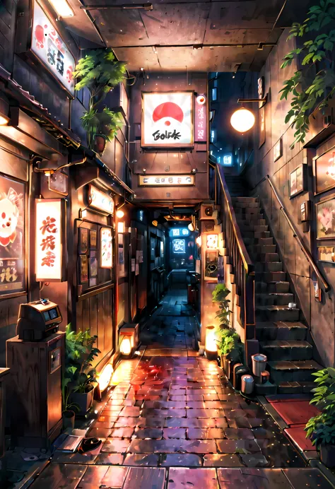 ((best quality,ultra-detailed,realistic):1.37). | anime style,((tokyo underground pub):1.3),((entrance under a stairs):1.25),neo...