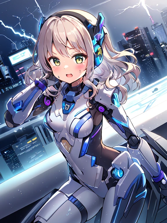 ((masterpiece:1.4、highest quality))+、(super detailed)+、
1 girl、cyberpunk city、flat chest、headphone、wavy hair、mecha clothes、(robot girl)、Cool move、Silver Bodysuit、colorful background、Wet day、(lightning effect)、Silver Dragon Armor、(cold face)、cowboy shot、pretty girl