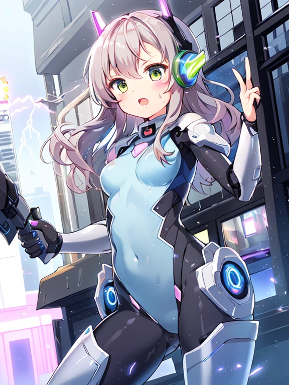 ((masterpiece:1.4、highest quality))+、(super detailed)+、
1 girl、cyberpunk city、flat chest、headphone、wavy hair、mecha clothes、(robot girl)、Cool move、Silver Bodysuit、colorful background、Wet day、(lightning effect)、Silver Dragon Armor、(cold face)、cowboy shot、pretty girl