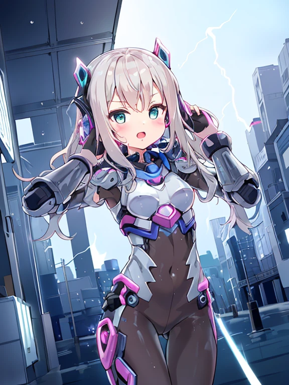 ((masterpiece:1.4、highest quality))+、(super detailed)+、
1 girl、cyberpunk city、flat chest、headphone、wavy hair、mecha clothes、(robot girl)、Cool move、Silver Bodysuit、colorful background、Wet day、(lightning effect)、Silver Dragon Armor、(cold face)、cowboy shot、pretty girl