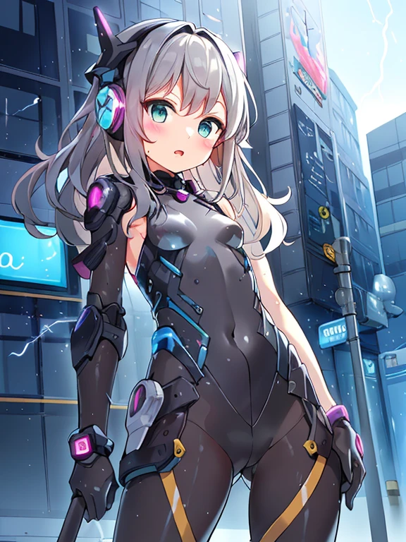 ((masterpiece:1.4、highest quality))+、(super detailed)+、
1 girl、cyberpunk city、flat chest、headphone、wavy hair、mecha clothes、(robot girl)、Cool move、Silver Bodysuit、colorful background、Wet day、(lightning effect)、Silver Dragon Armor、(cold face)、cowboy shot、pretty girl