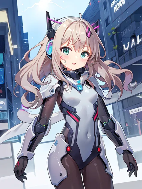 ((masterpiece:1.4、highest quality))+、(super detailed)+、
1 girl、cyberpunk city、flat chest、headphone、wavy hair、mecha clothes、(robo...